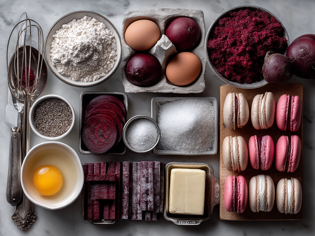 Ingredients for making Beet Macarons including almond flour, powdered sugar, beetroot powder and eggs
