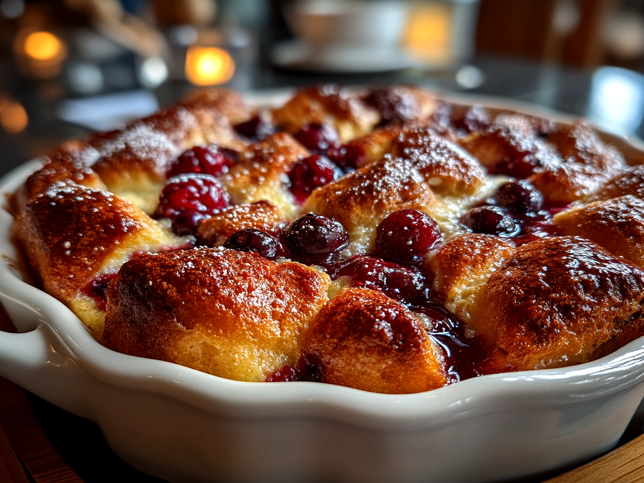 Serving suggestion of warm Berry Croissant Bake with fresh berries and a dollop of cream
