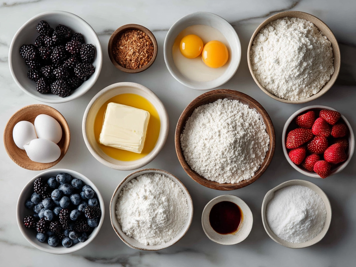 Ingredients for Berry Croissant Bake laid out on a kitchen counter