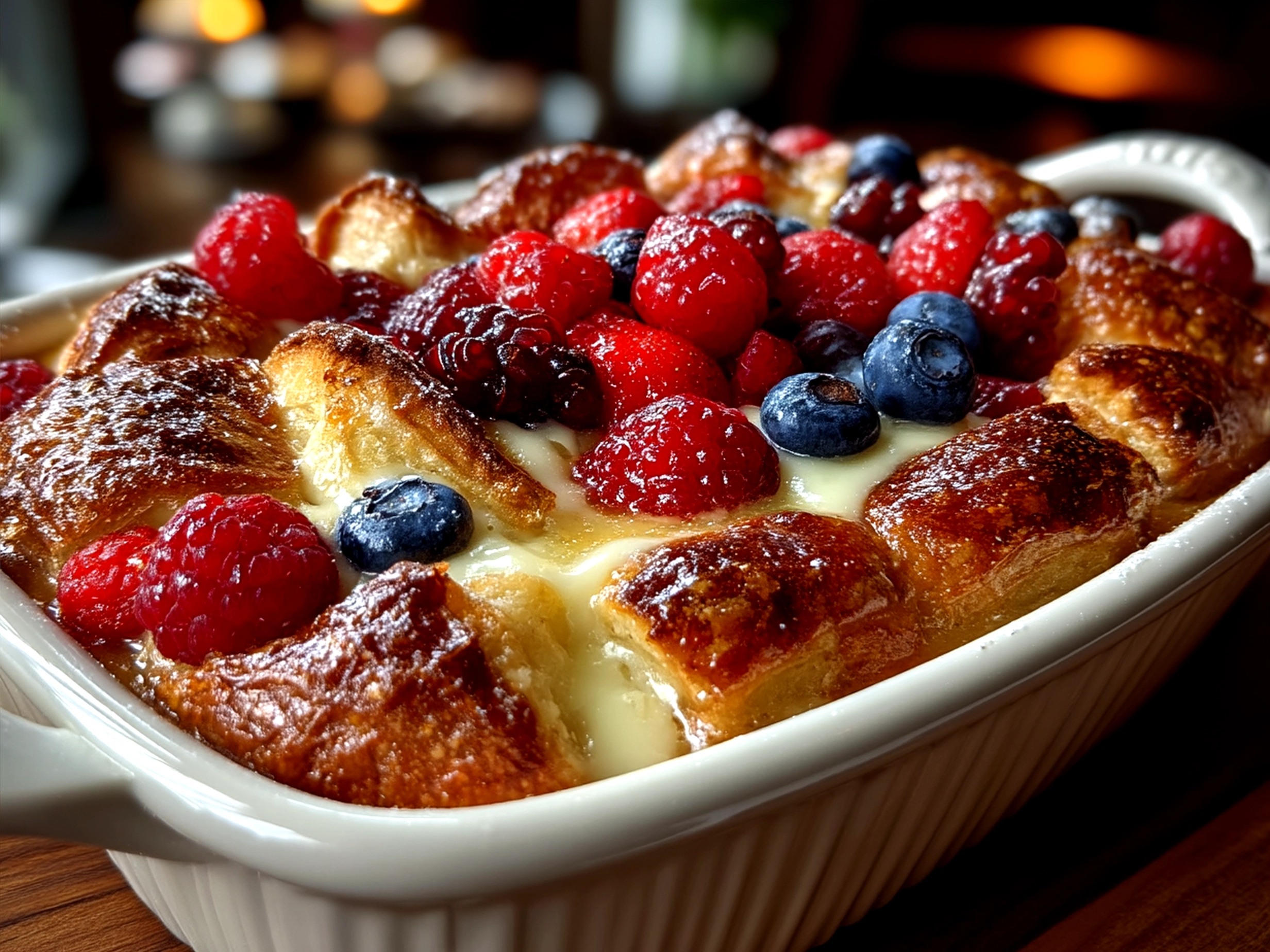 Served Berry Croissant Breakfast Bake with fresh fruit and yogurt