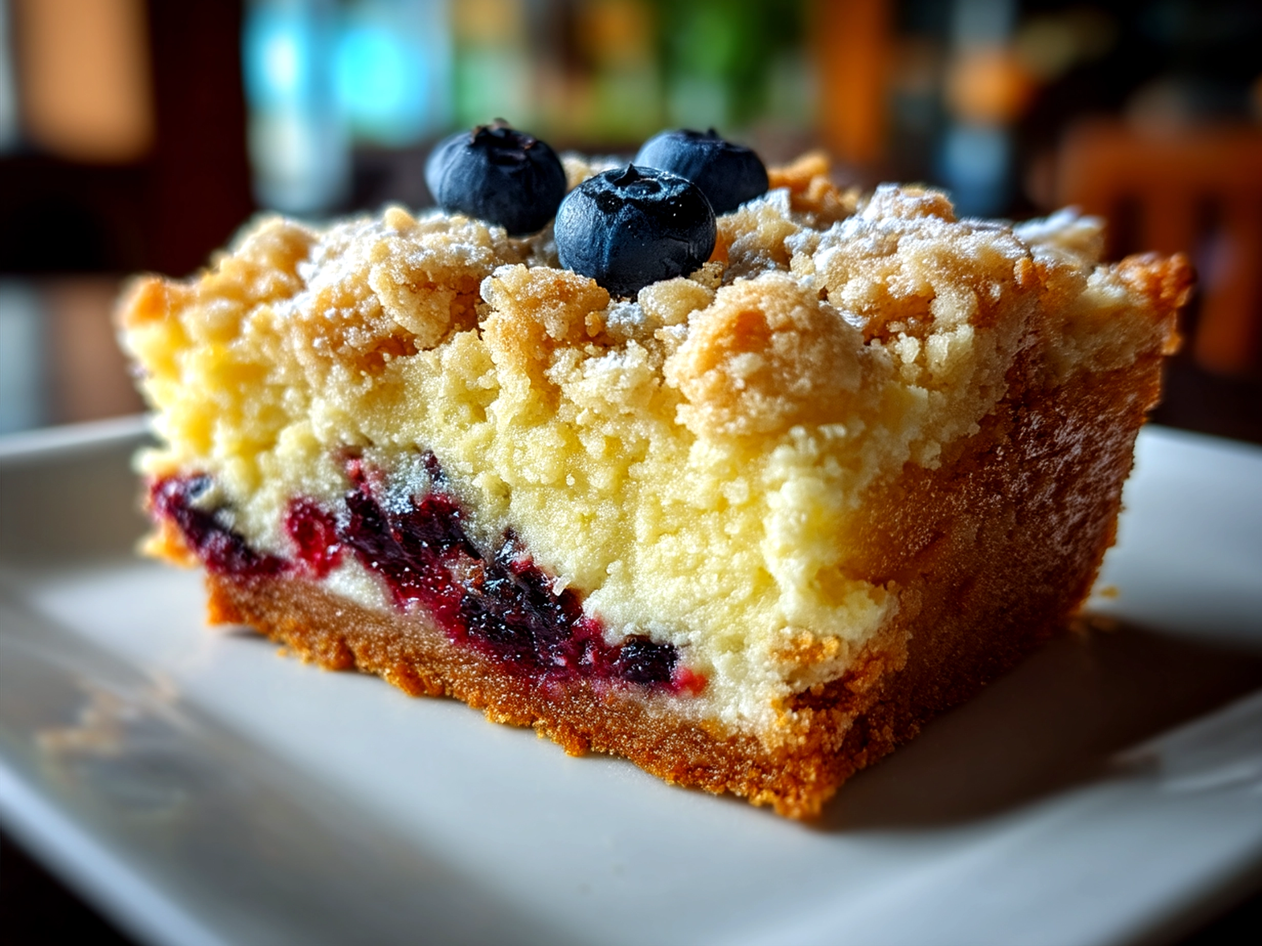 Sliced Blueberry Crumb Cake served on a plate