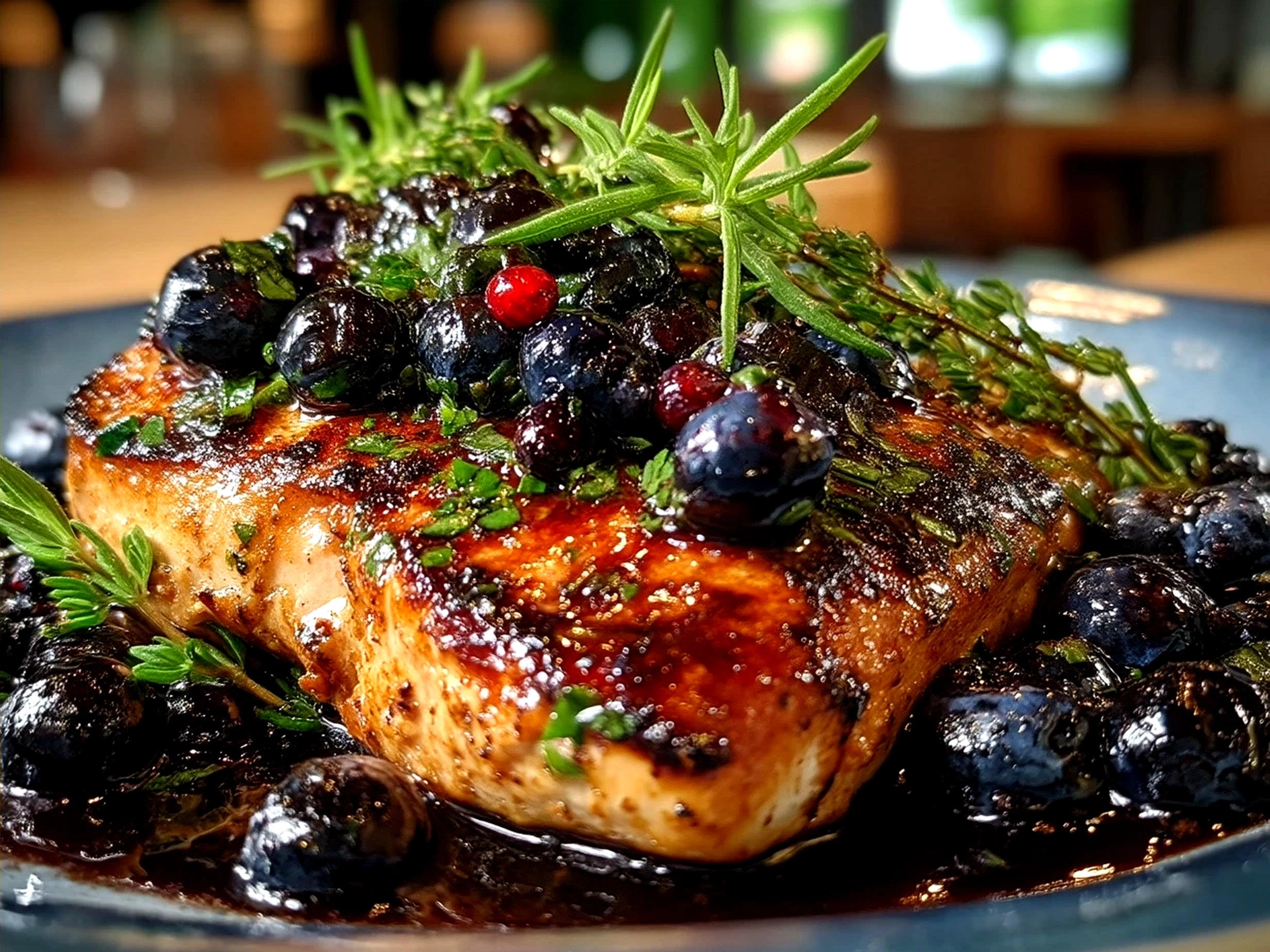 Finished Blueberry Thyme Chicken served with roasted baby potatoes and steamed green beans garnished with fresh thyme