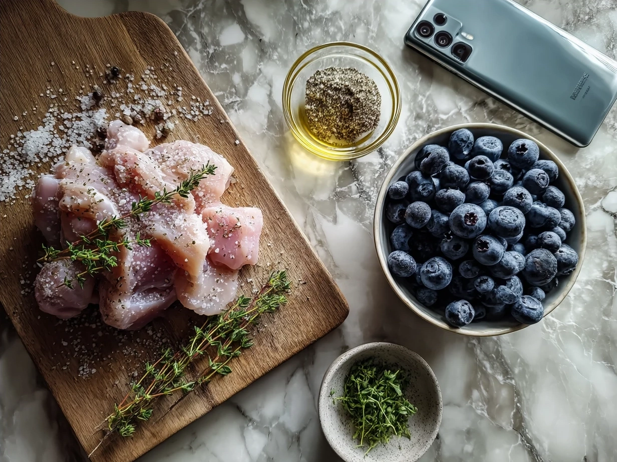 Ingredients for Blueberry Thyme Chicken laid out including chicken breasts, fresh blueberries, thyme, garlic, olive oil, balsamic vinegar, honey, salt, and pepper