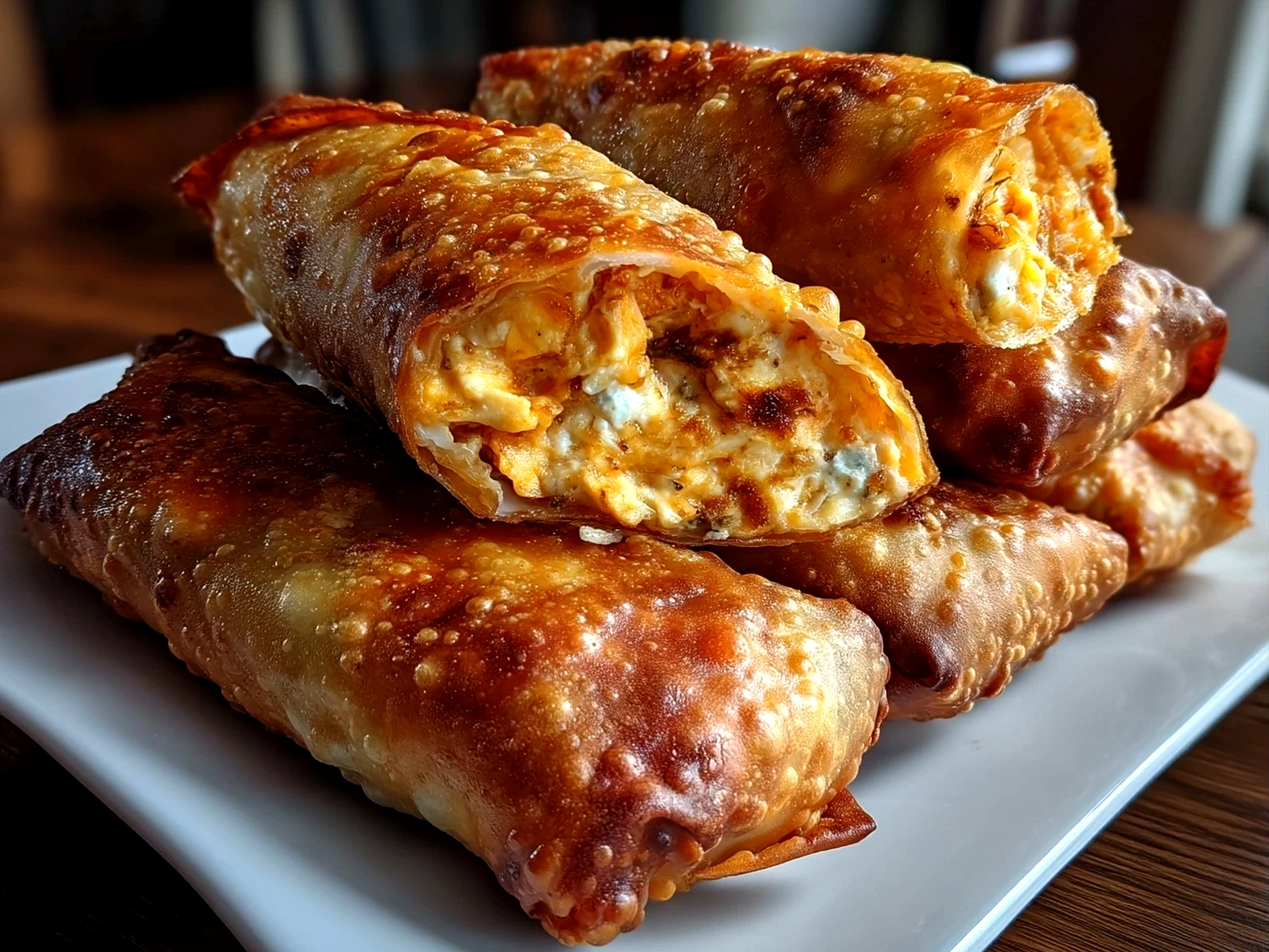 Buffalo Chicken Dip Egg Rolls served with ranch dipping sauce and salad