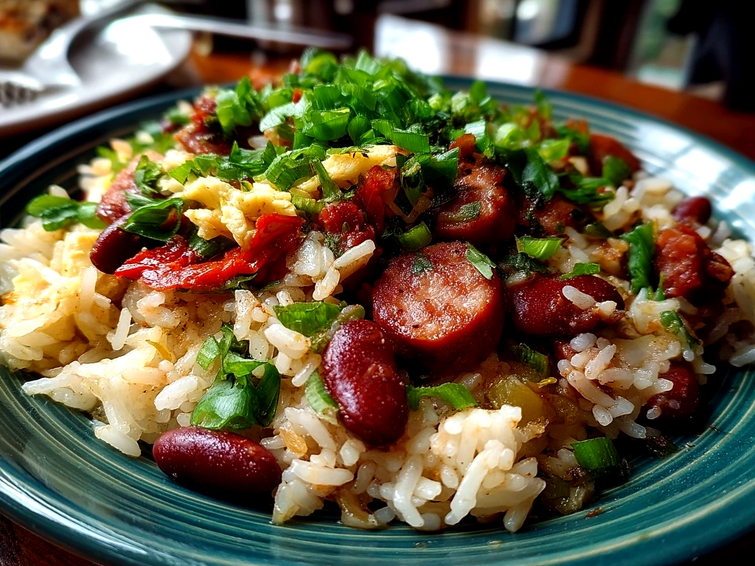 Finished serving of Cajun Red Beans Rice