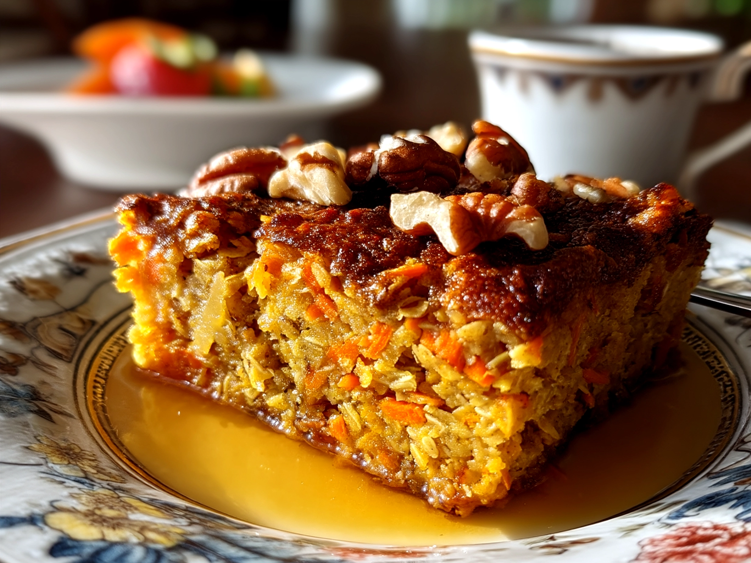 A warm slice of Carrot Cake Baked Oatmeal on a plate with a dollop of yogurt and walnuts on top