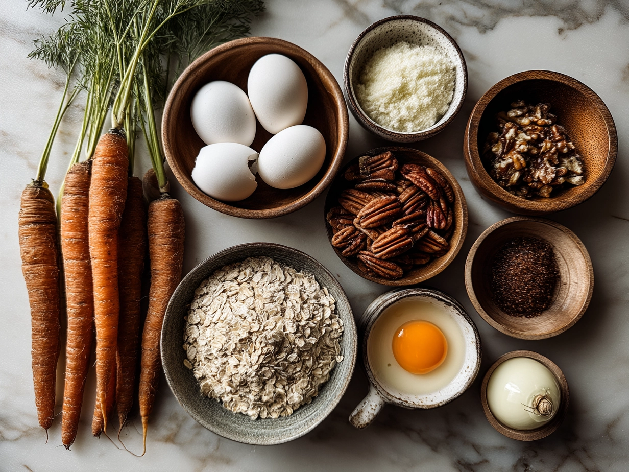 Ingredients for Carrot Cake Baked Oatmeal laid out, including oats, eggs, shredded carrots, nuts, and spices