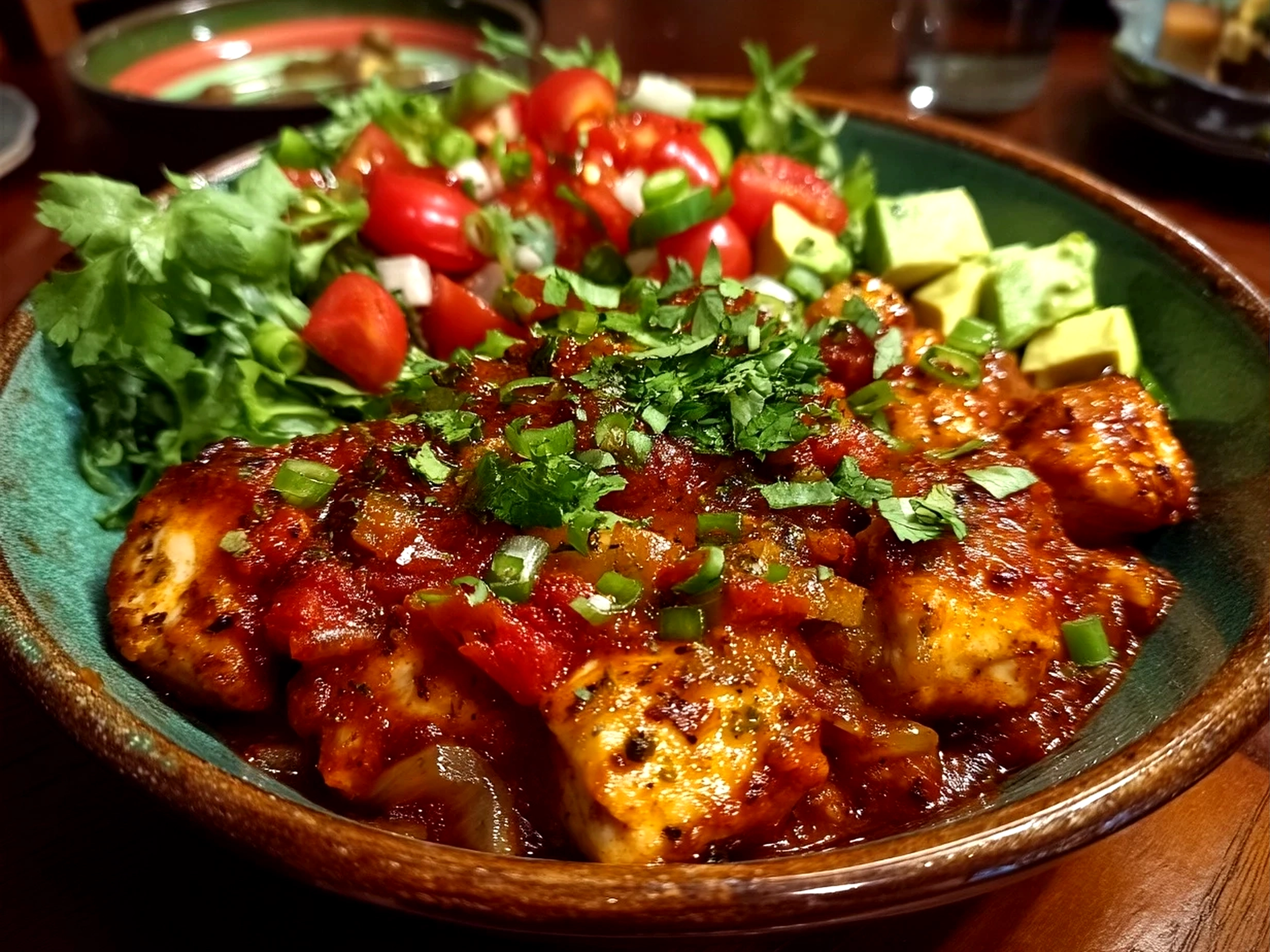 Close-up of a finished Chicken Enchilada Bowl served with avocado toppings and fresh cilantro