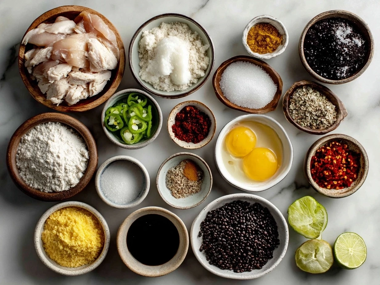 Ingredients for Chicken Enchilada Bowls laid out including shredded chicken, rice, beans, corn, cheese, and enchilada sauce