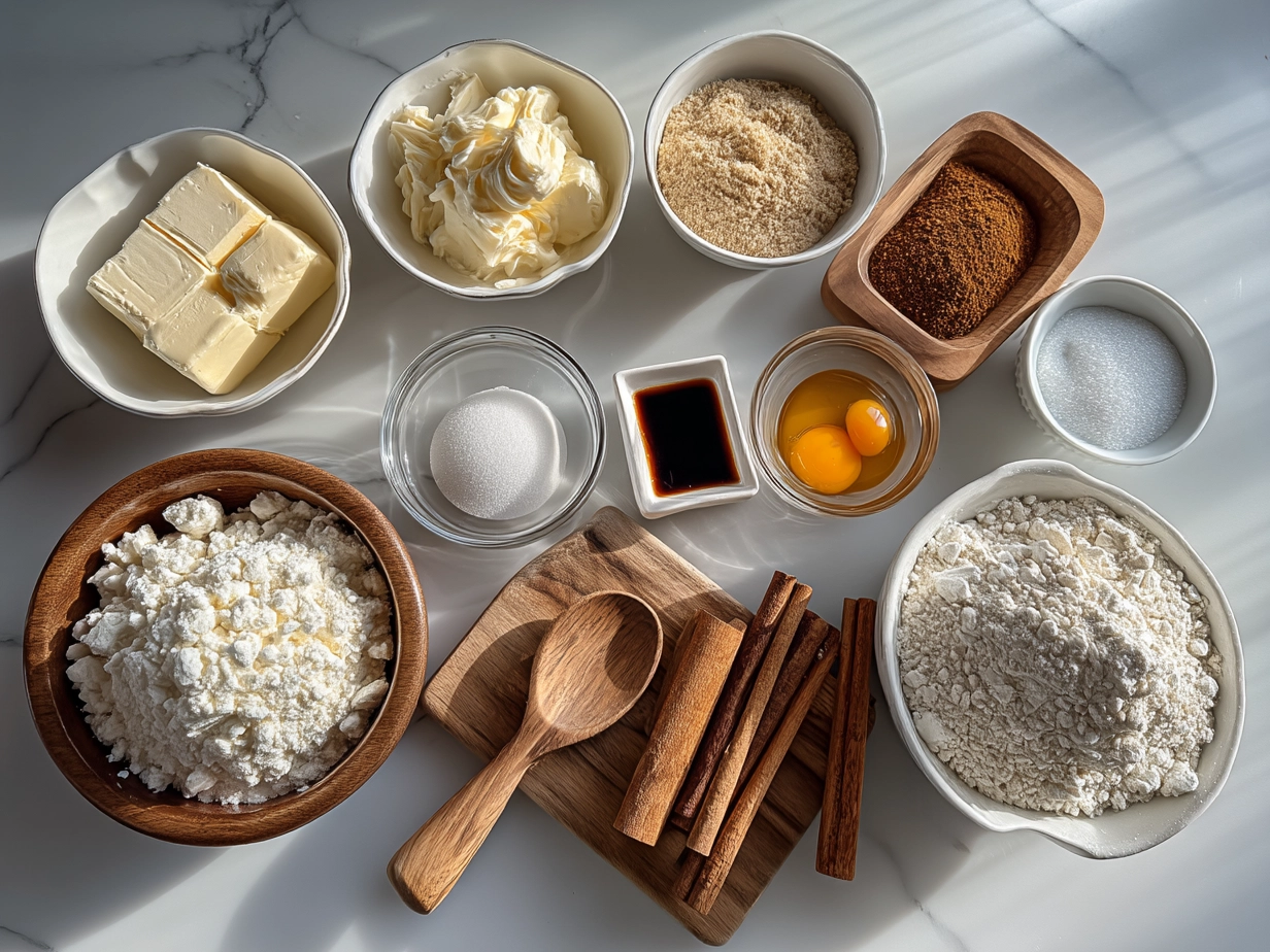 Ingredients for Cinnamon Roll Cheesecake Cookies laid out on a kitchen counter