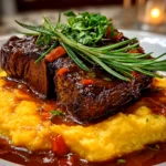 Close-up of Apple Cider Braised Short Ribs on white plate