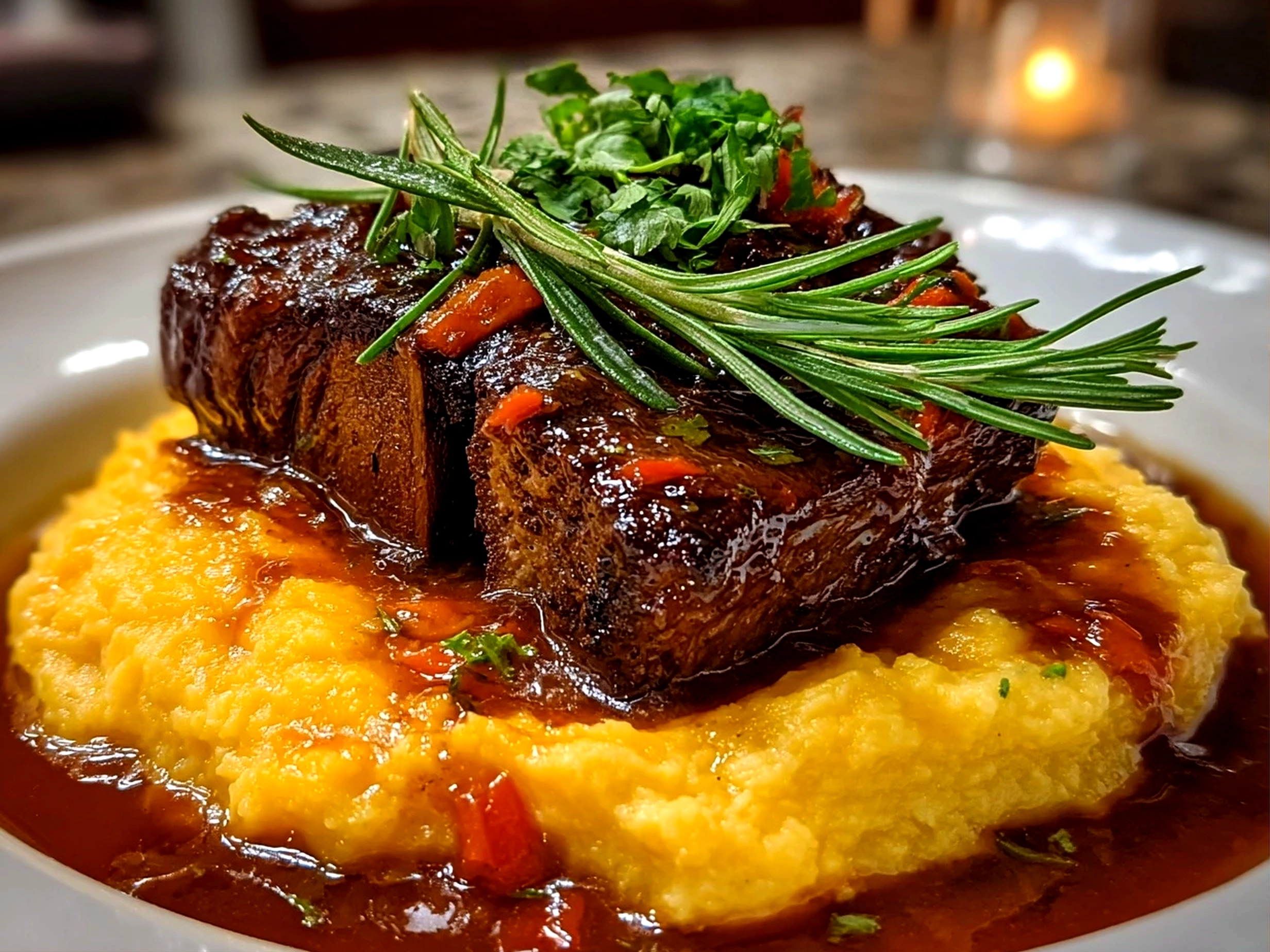 Close-up of Apple Cider Braised Short Ribs on white plate