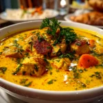 Close-up of homemade turmeric chicken soup in a white bowl