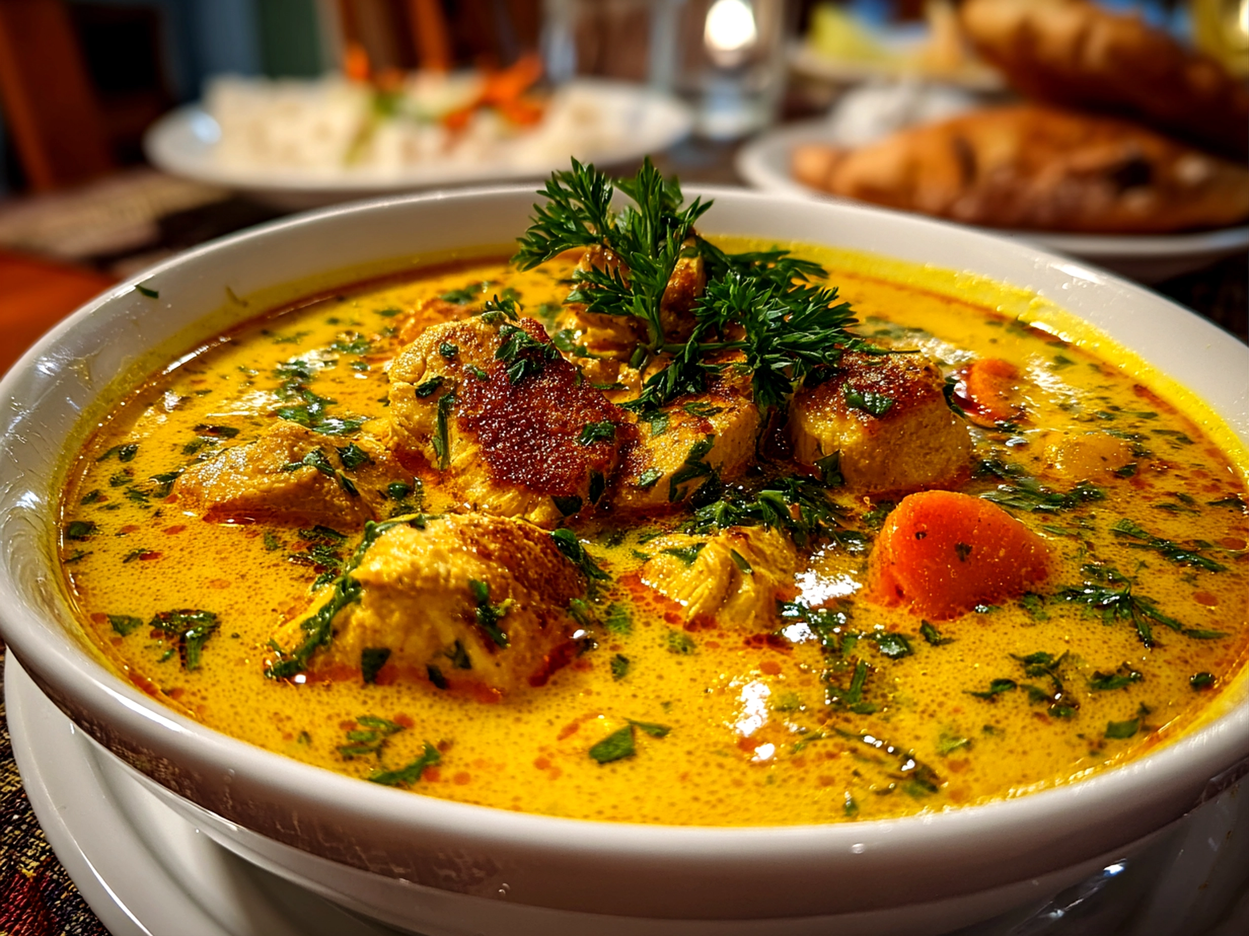 Close-up of homemade turmeric chicken soup in a white bowl