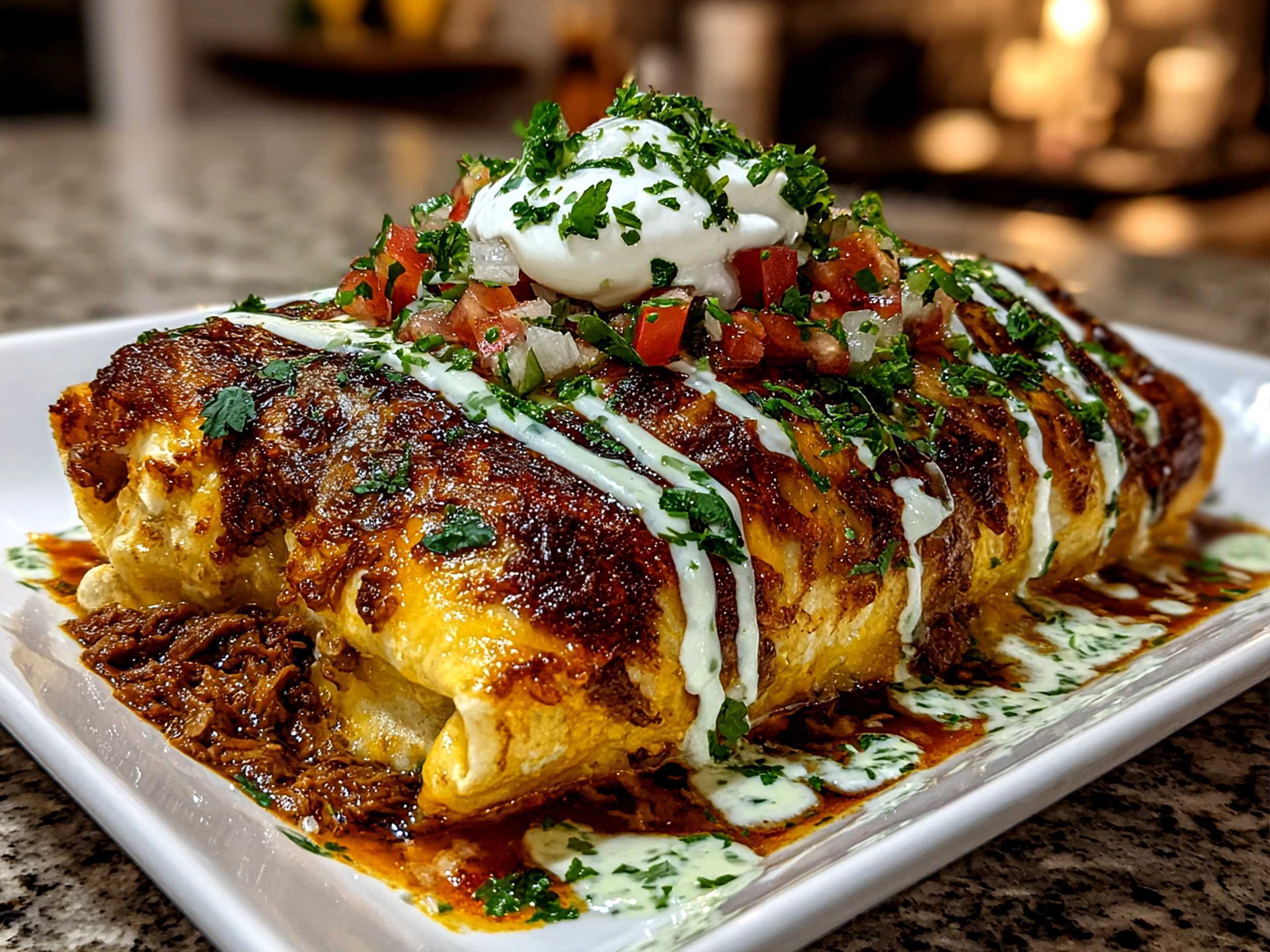 Comforting freshly prepared Loaded Wet Burritos with Spicy Verde Sauce