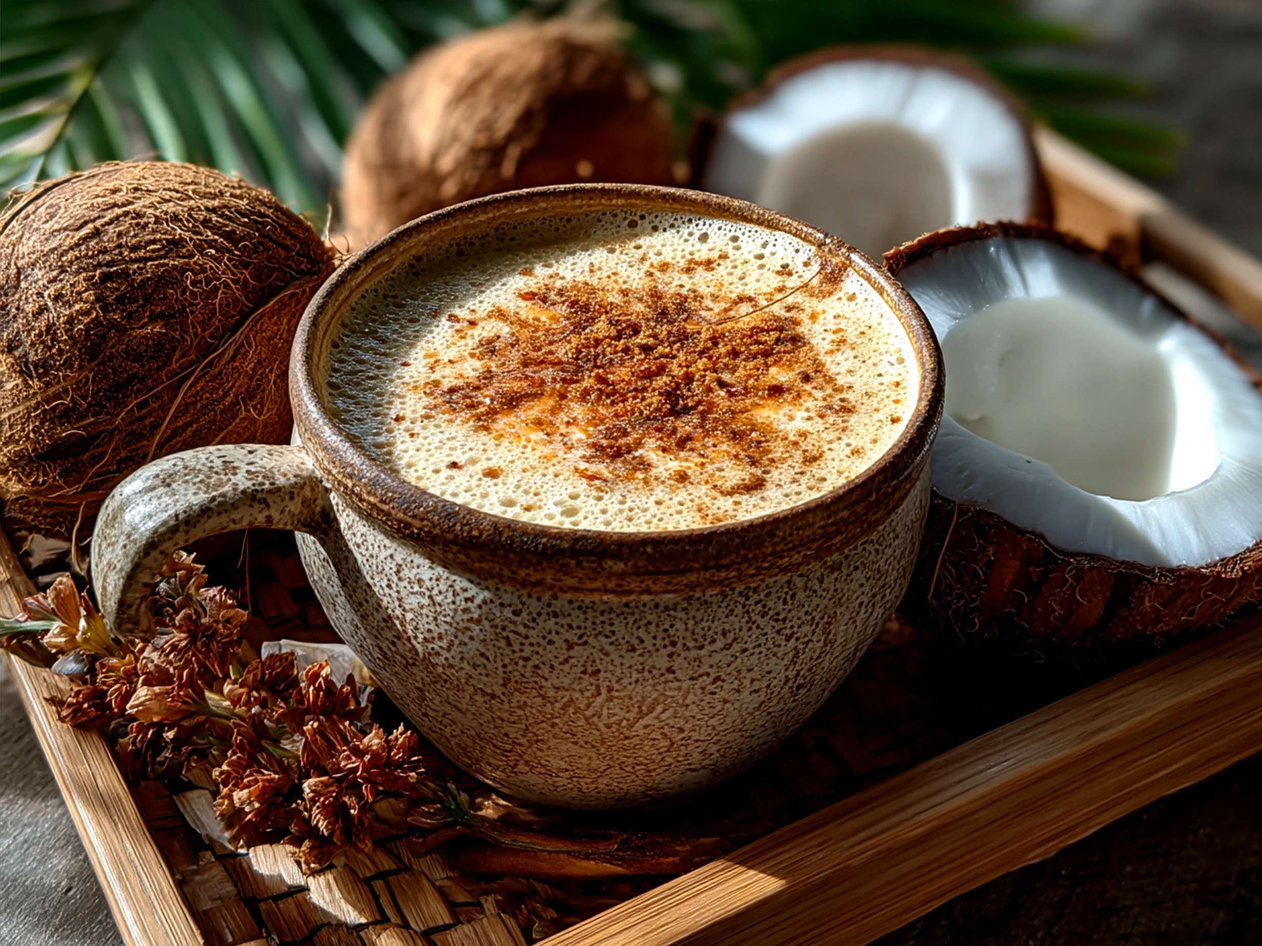 Serving glass of Coquito Puerto Rican Coconut with cinnamon stick garnish