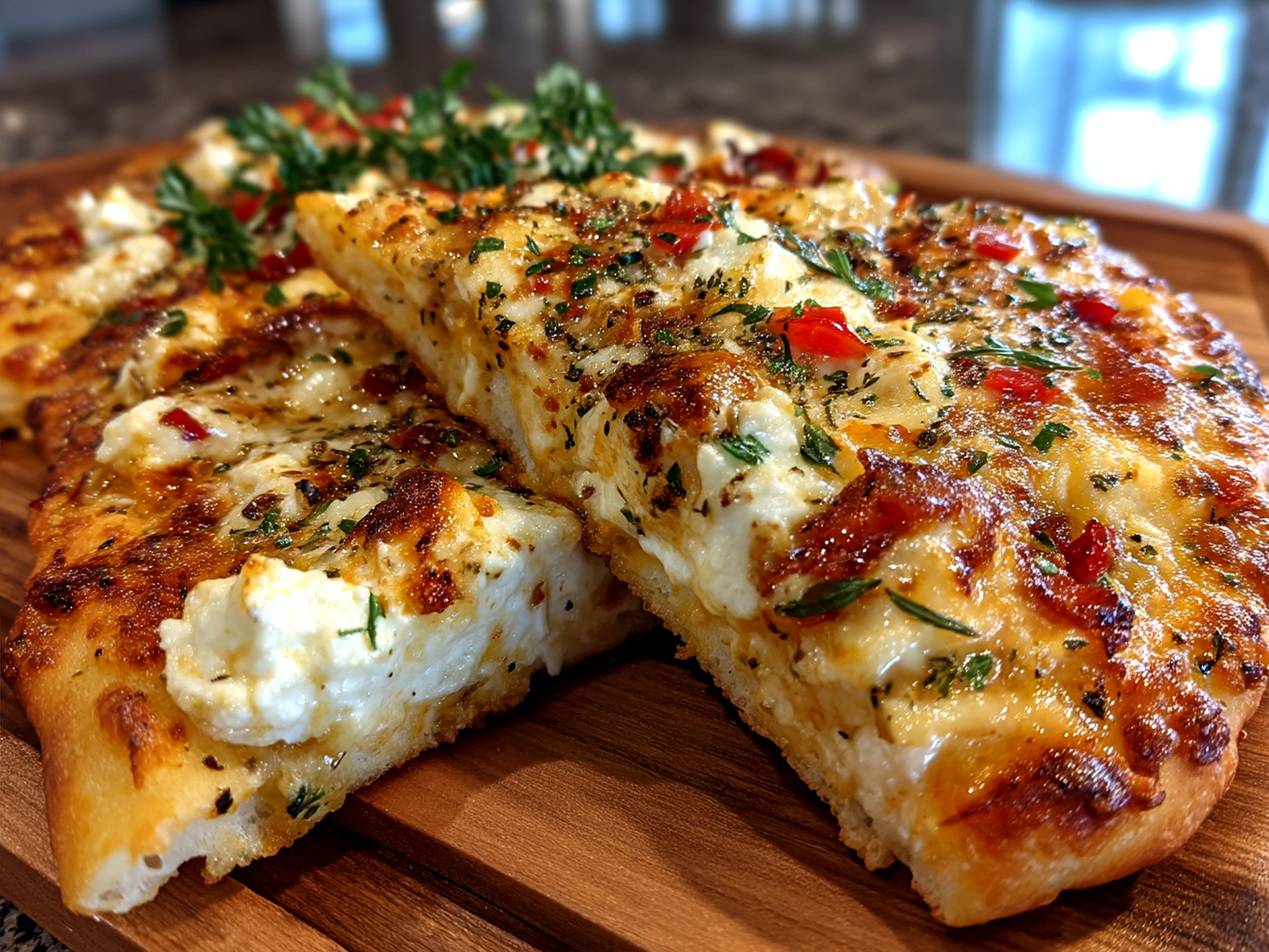 Finished cottage cheese flatbread pizza served with fresh herbs