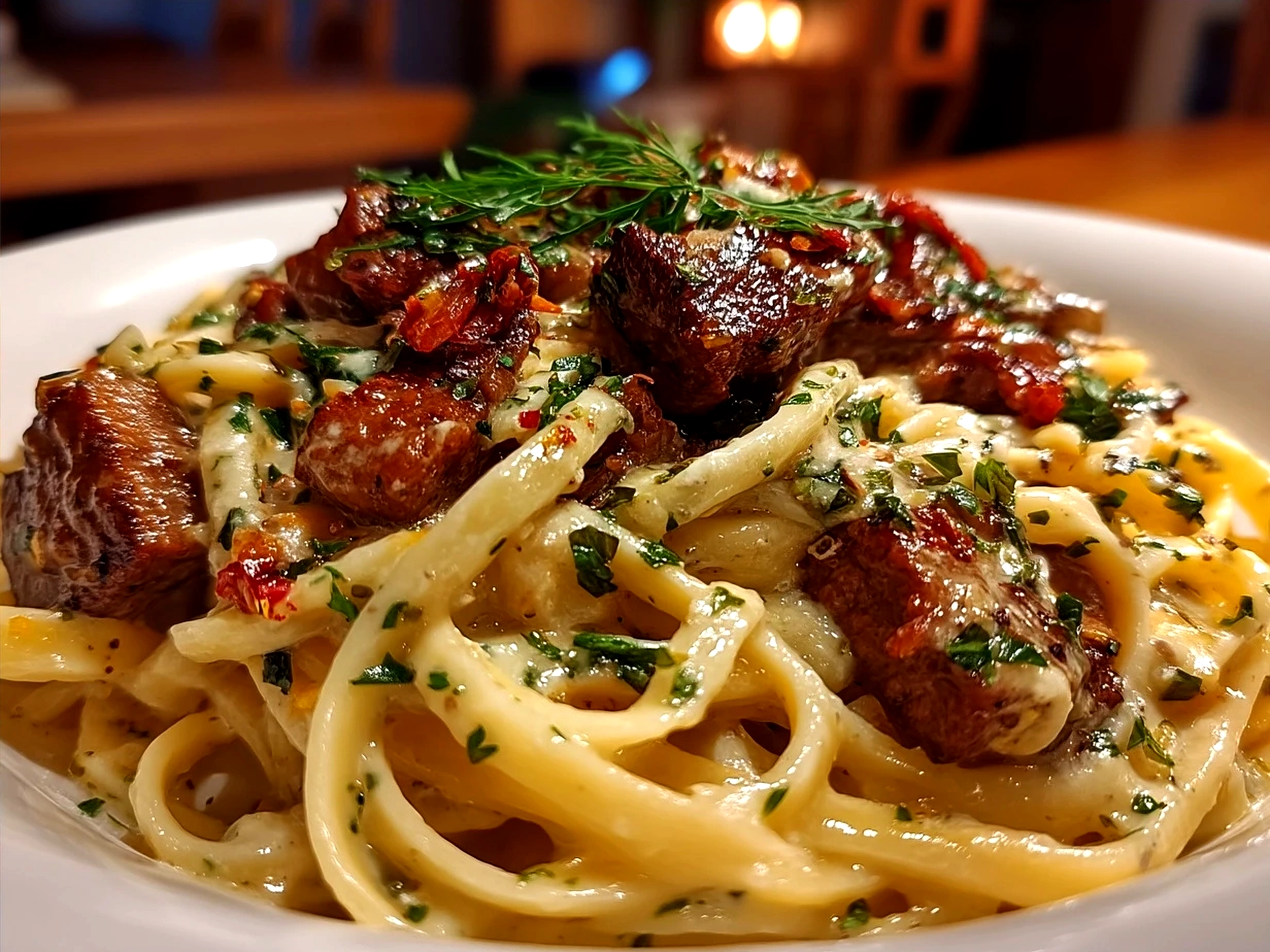 Serving creamy beef pasta garnished with fresh parsley in a bowl