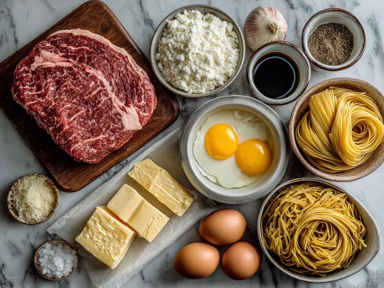 Ingredients for creamy beef pasta laid out on a kitchen counter