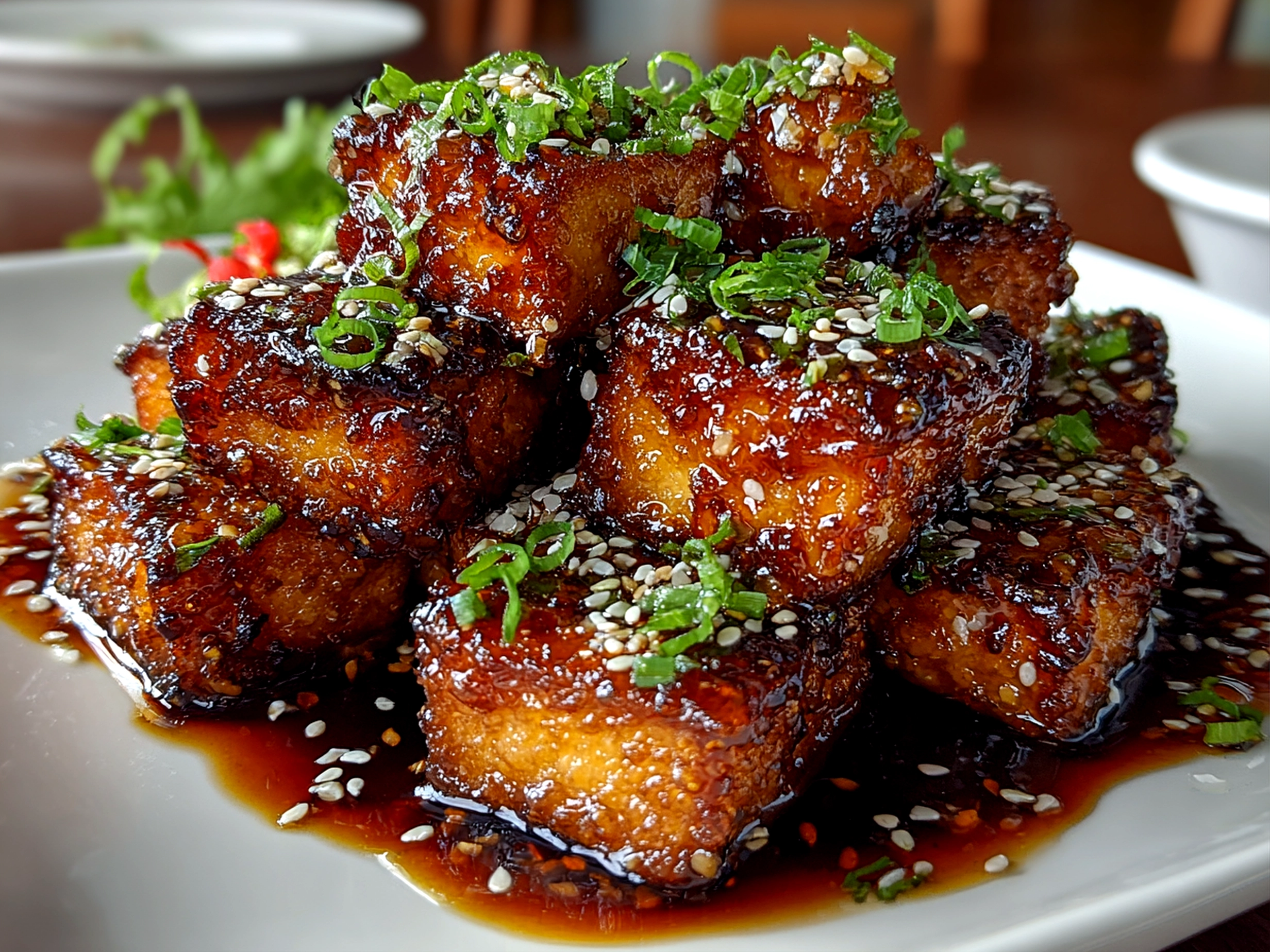 Delicious Crispy Teriyaki Tofu Cubes plated