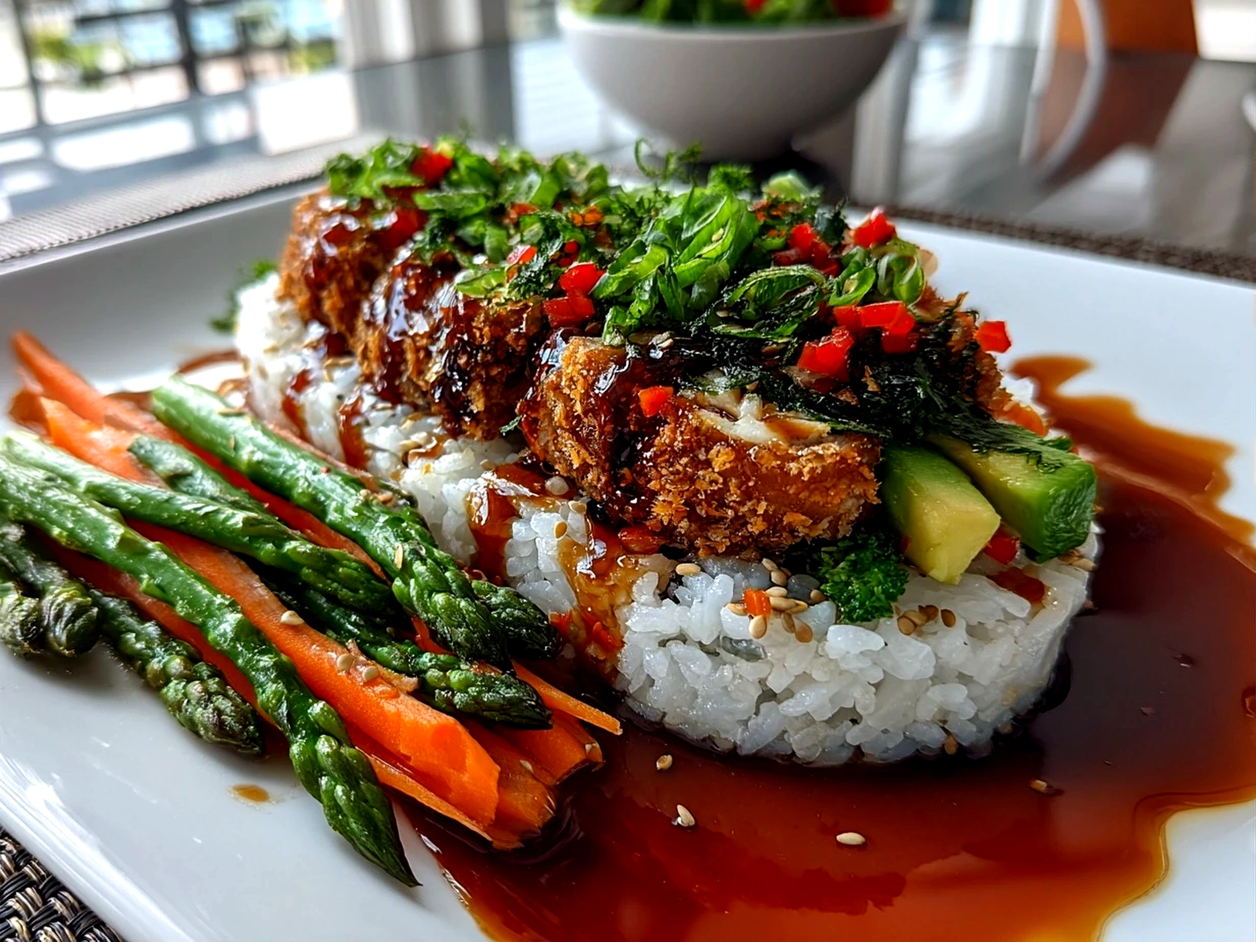 Delicious Vegetarian Crunchy Roll Bowl Close-up