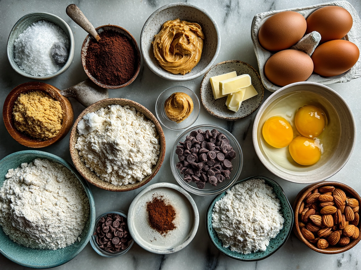 Ingredients for Easter Peanut Butter Eggs including peanut butter, honey, powdered sugar, chocolate chips, and coconut oil