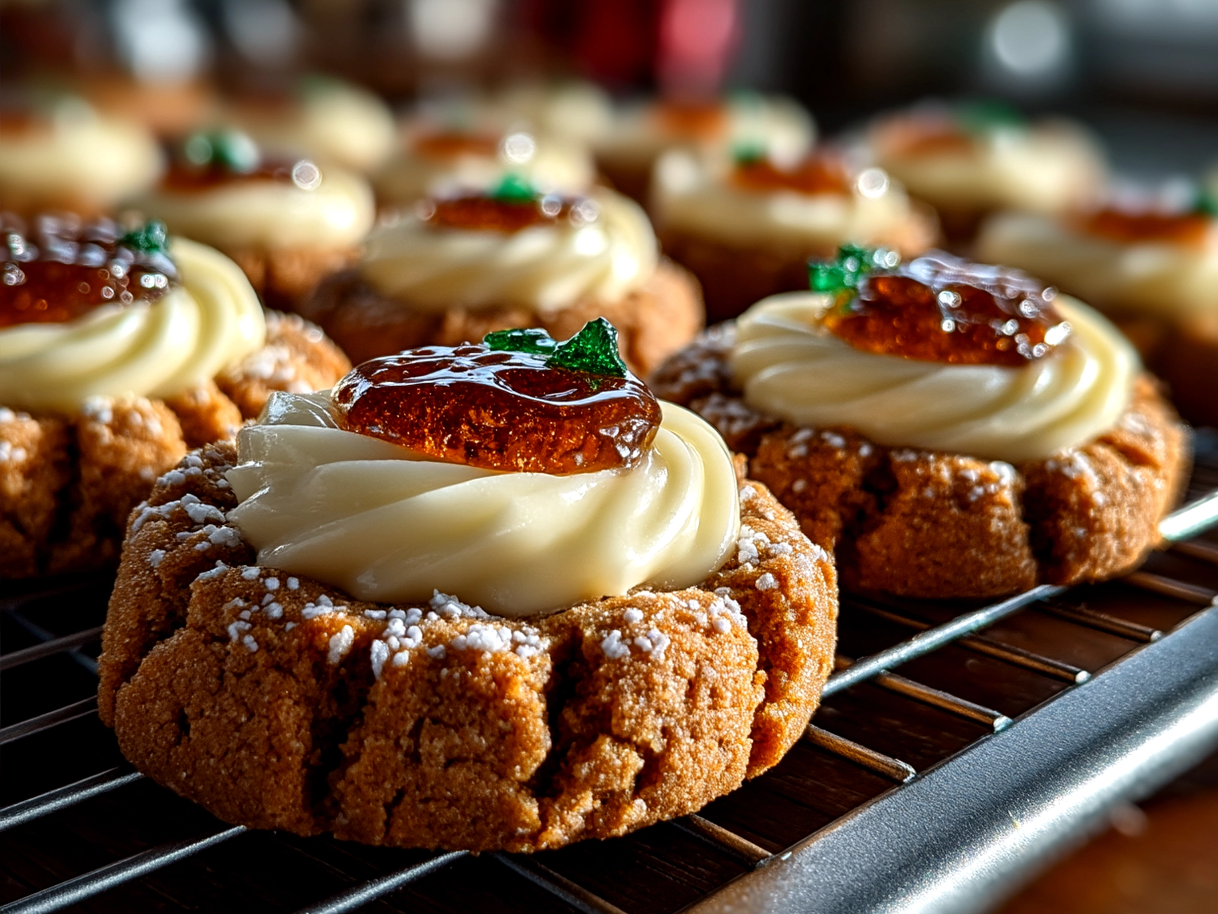Plate of finished Eggnog Gingerbread Thumbprint Cookies next to a festive cup