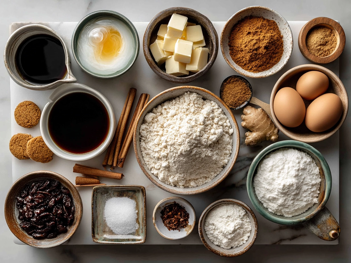 Ingredients for Eggnog Gingerbread Thumbprint Cookies laid out on a kitchen table
