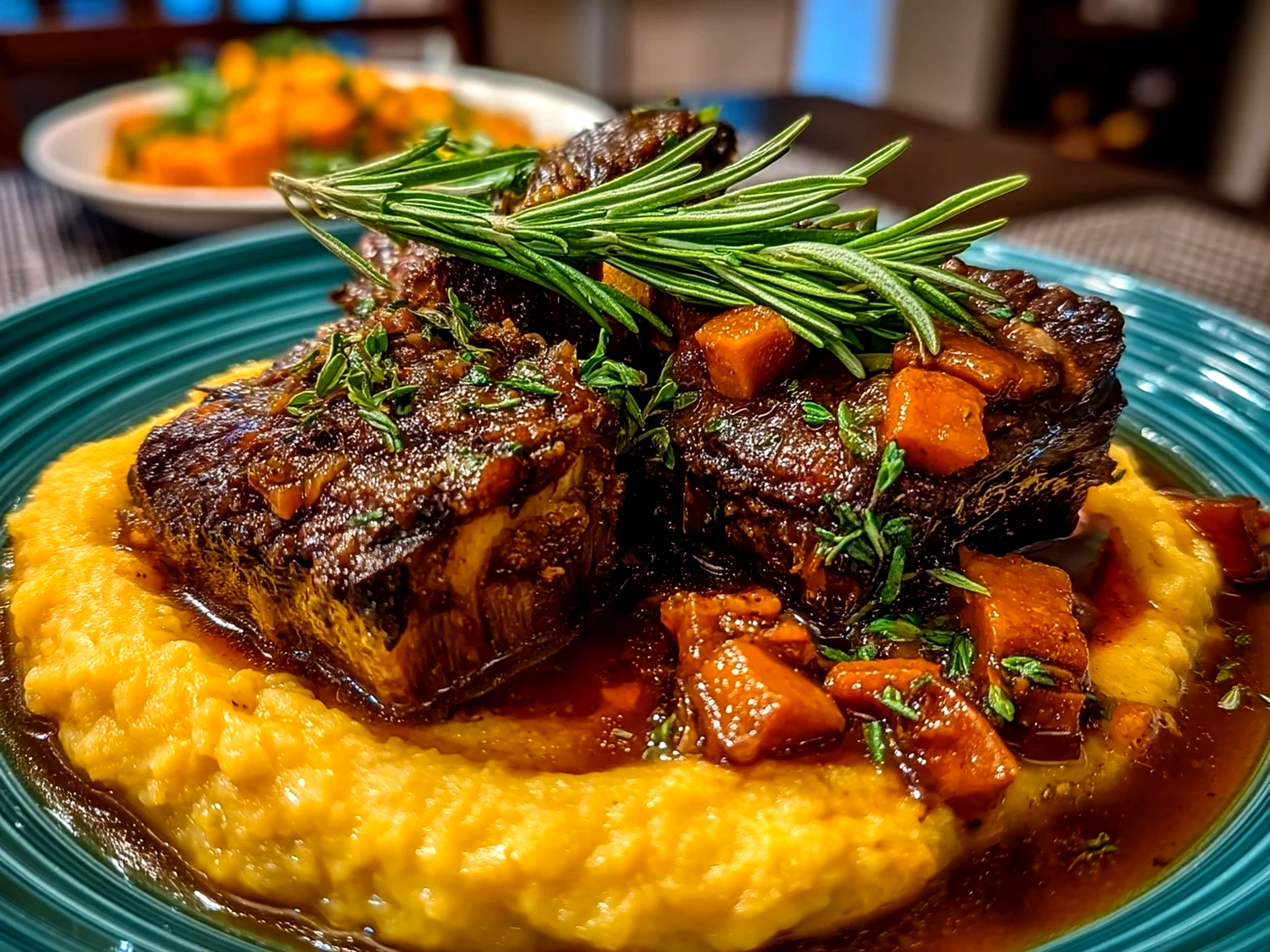 Close up view of finished Apple Cider Braised Short Ribs served with Rosemary Mashed Sweet Potatoes