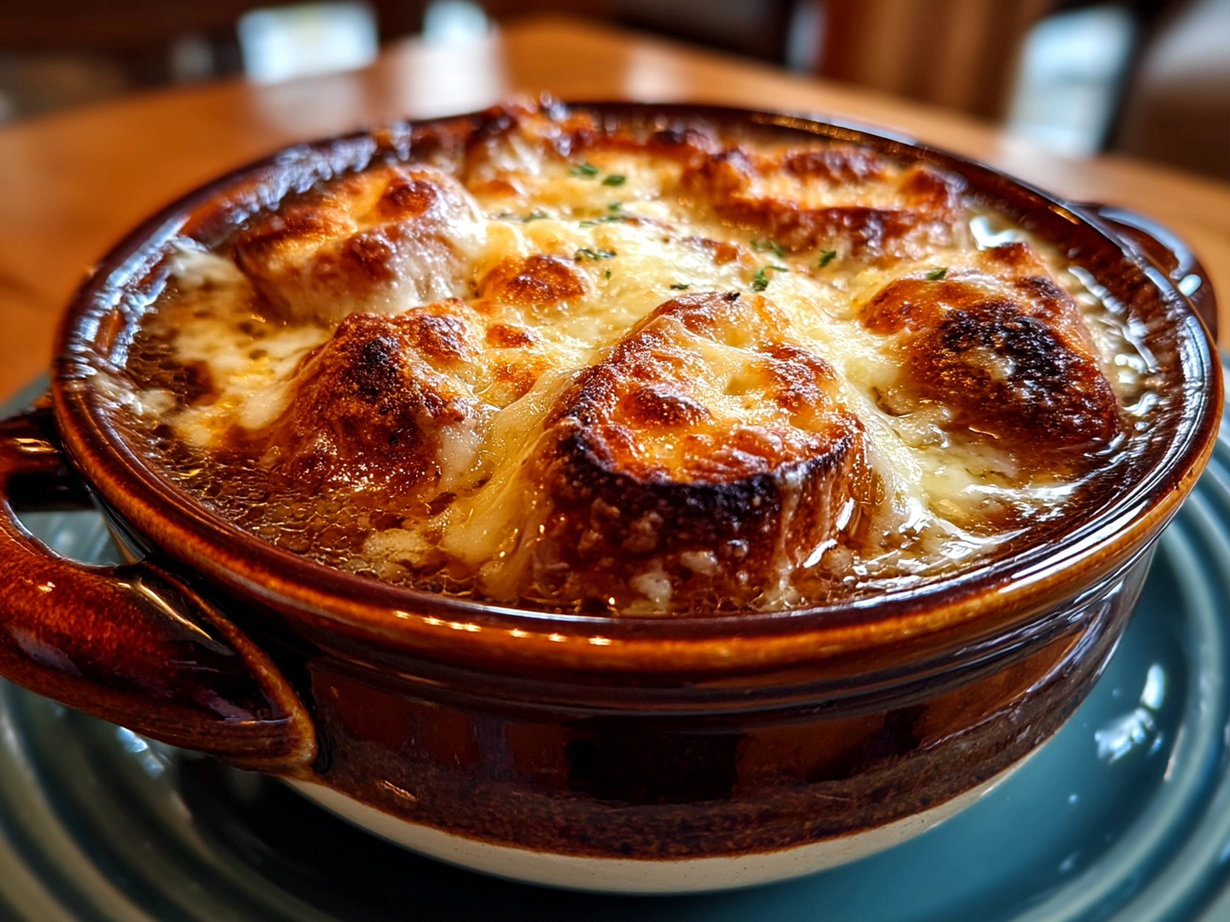 Finished French Onion Soup in a rustic bowl topped with melty gruyere cheese and crispy croutons