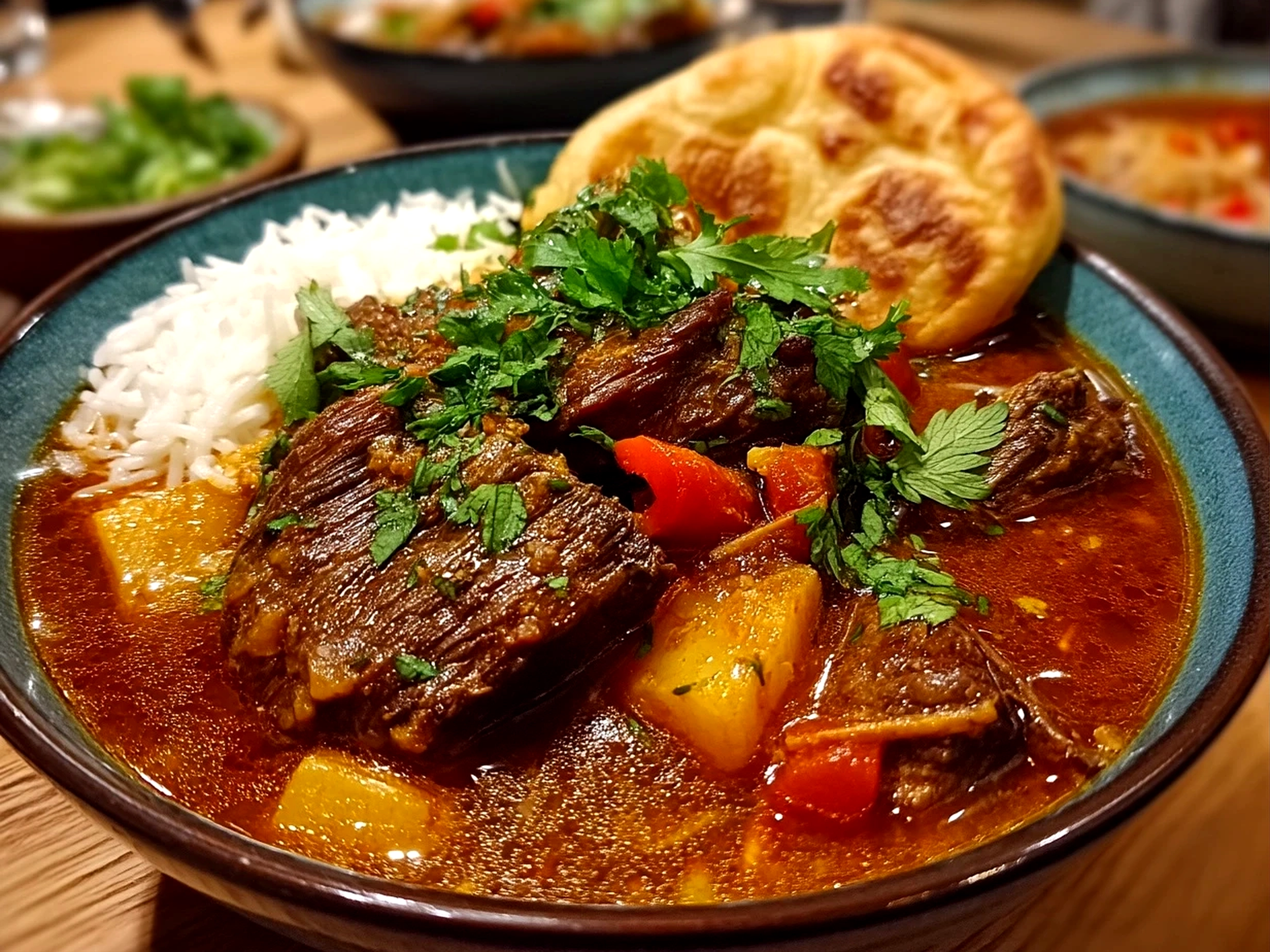 Finished comforting Indian beef curry in slow cooker served with rice and garnished with cilantro