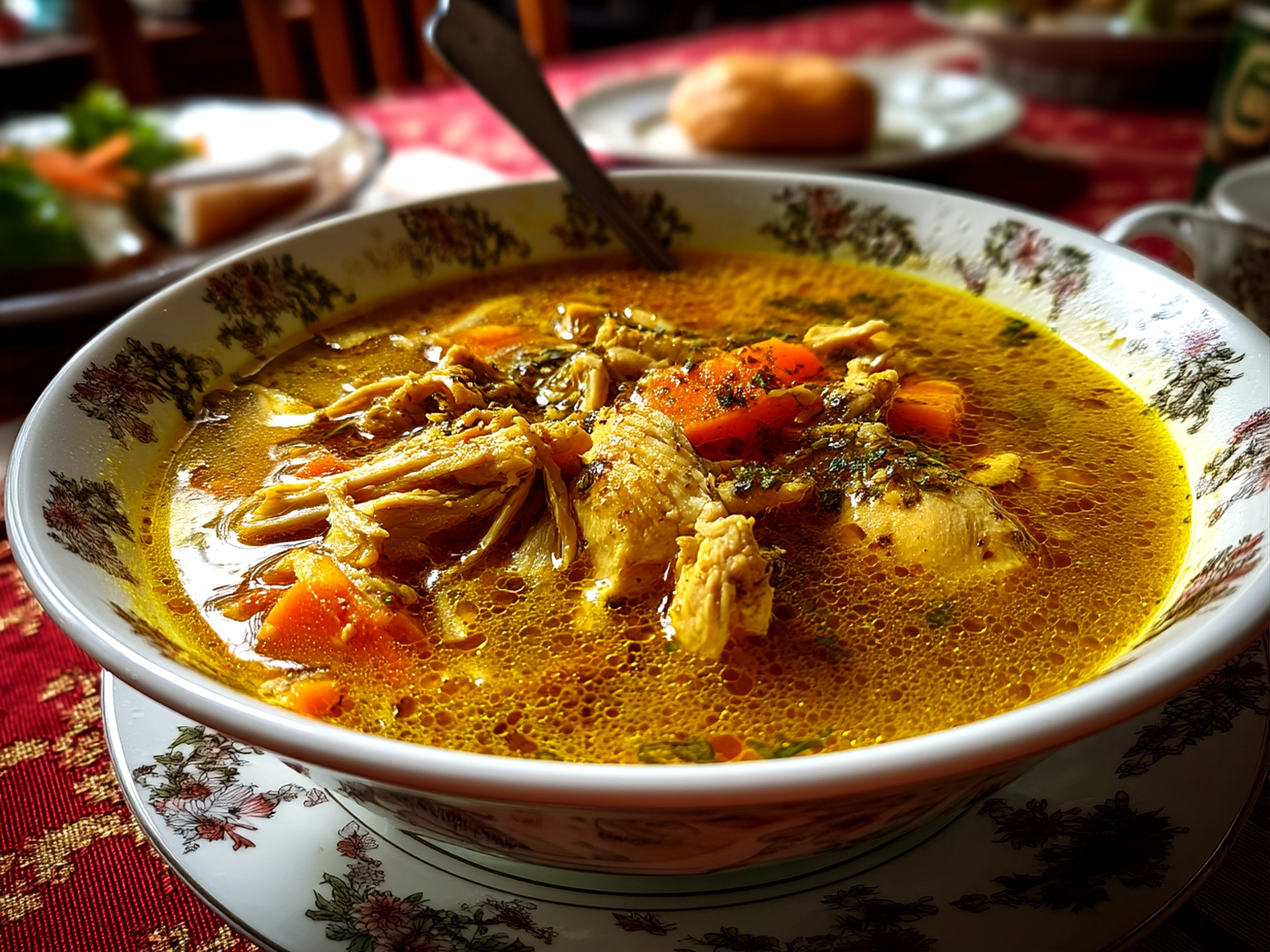 Finished comforting turmeric chicken soup in a rustic bowl