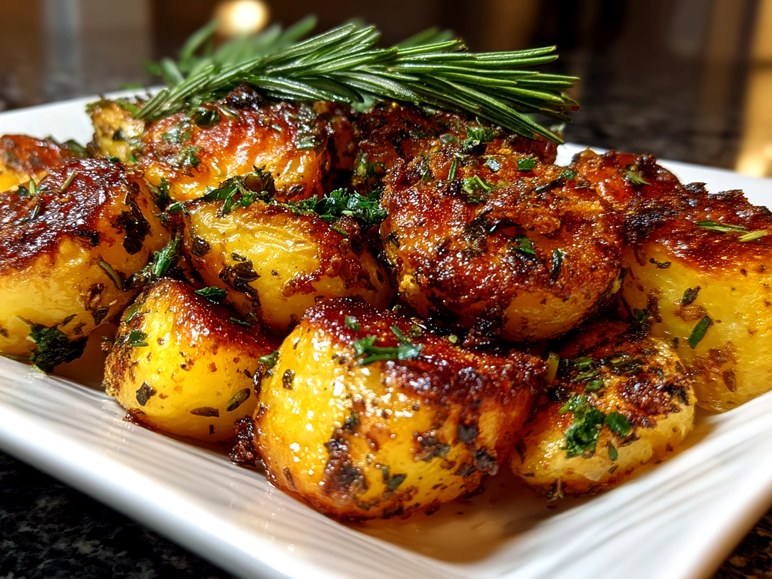 Plate of finished crispy herb-infused roasted potatoes garnished with fresh herbs