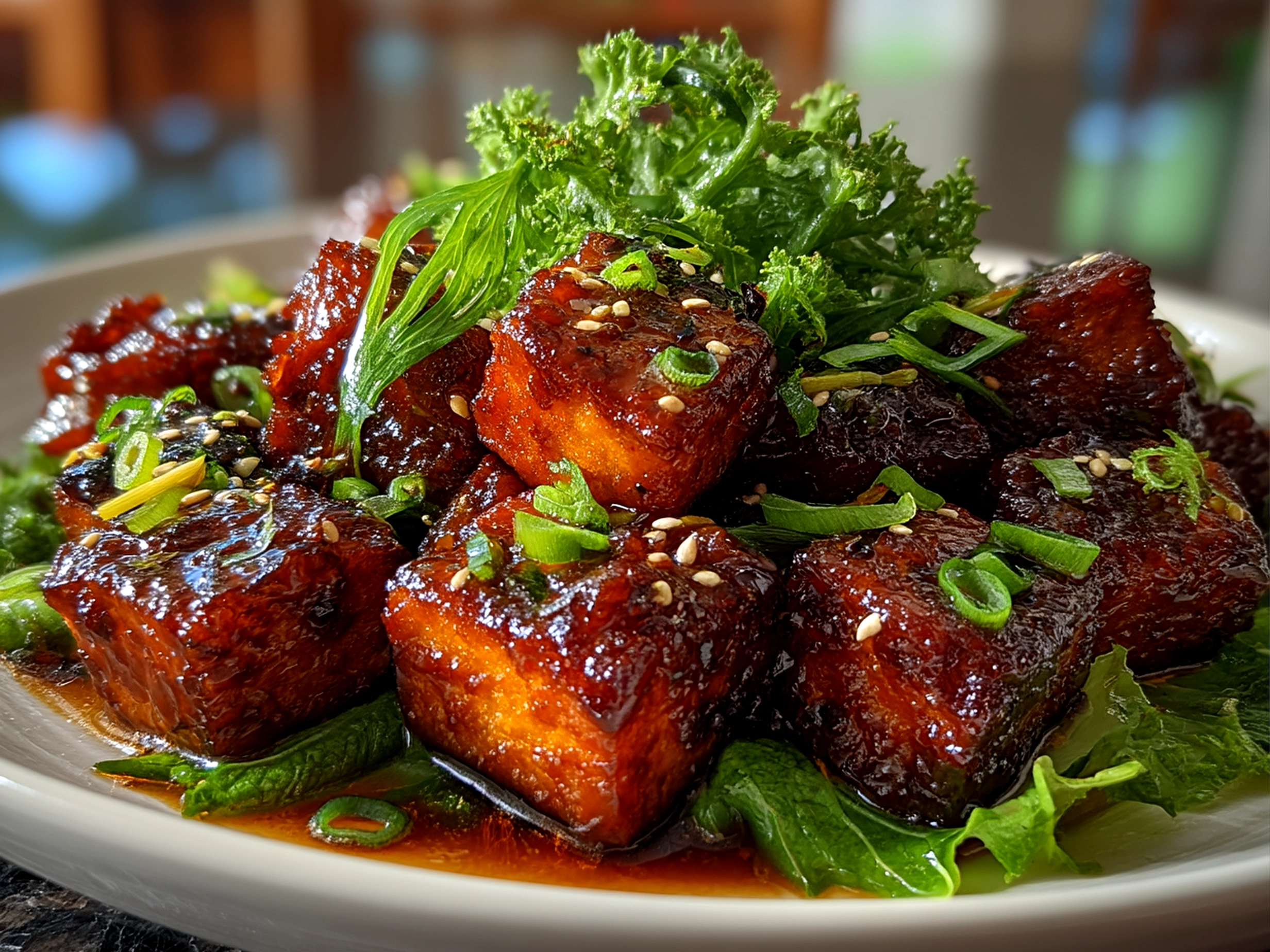 Finished crispy teriyaki tofu cubes garnished with sesame seeds and green onions, ready to serve