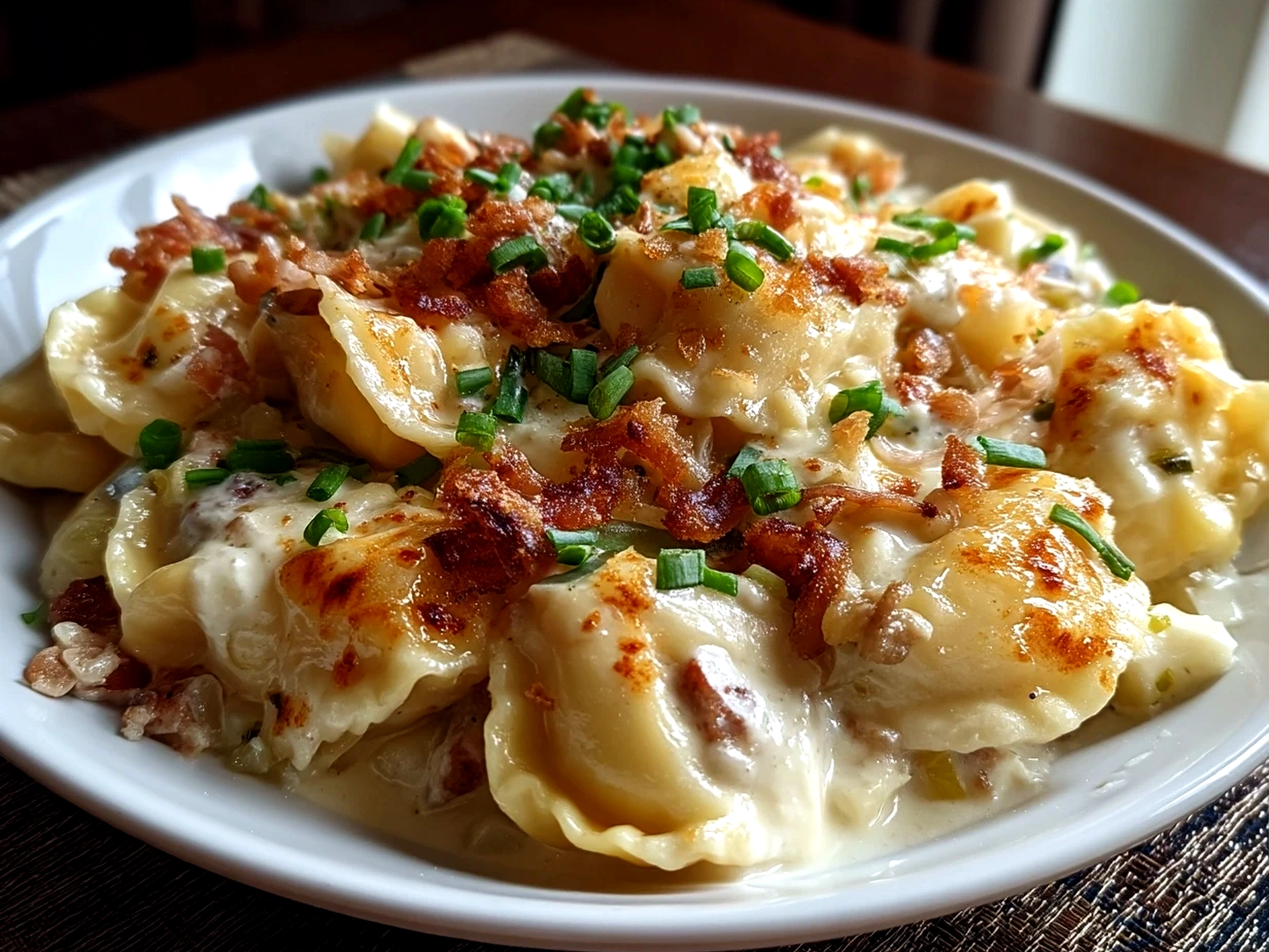 Close-up of finished Crockpot Pierogi Casserole served warm, creamy and golden brown