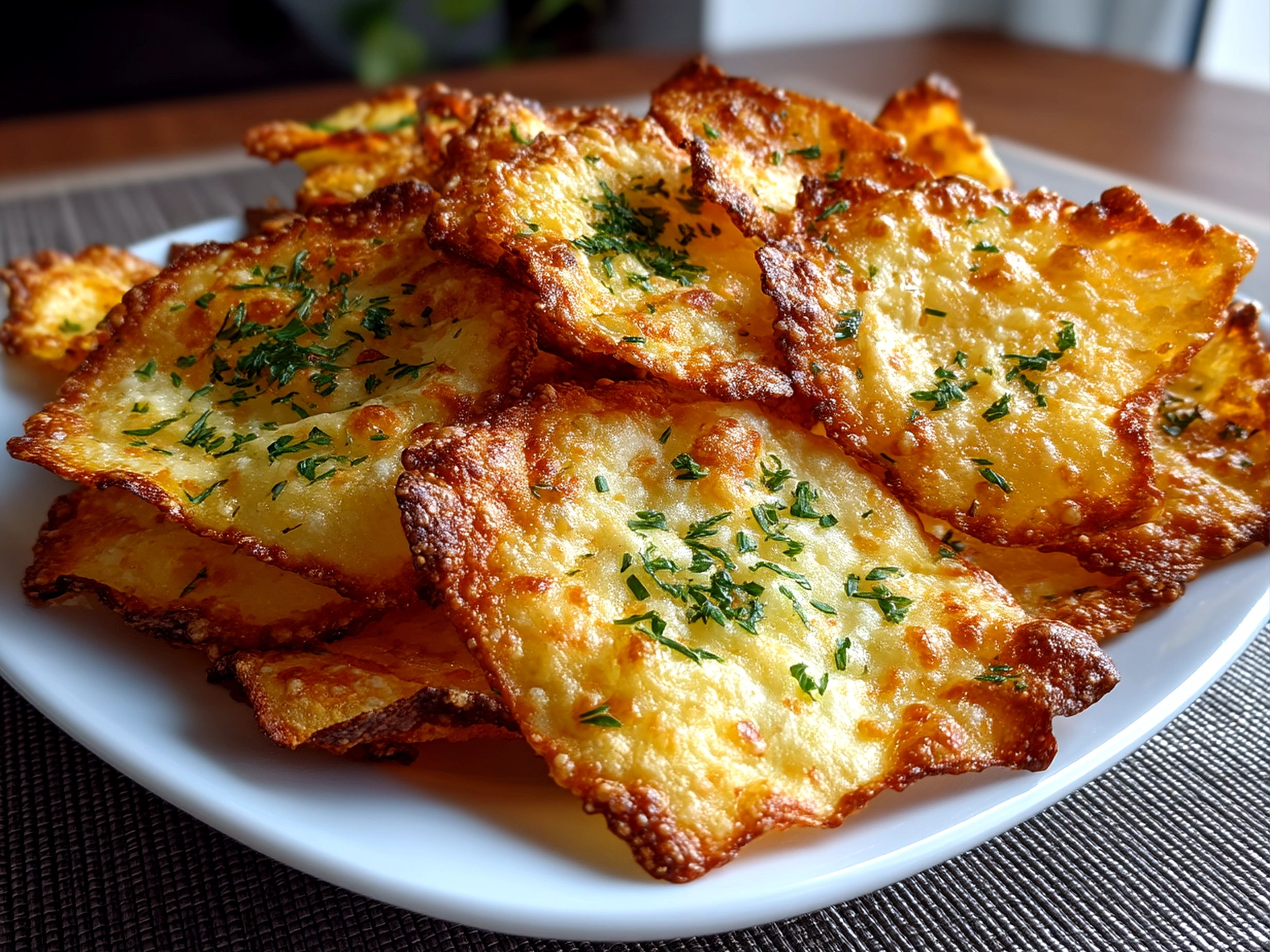 Finished homemade keto cottage cheese chips with fresh vibrant finish