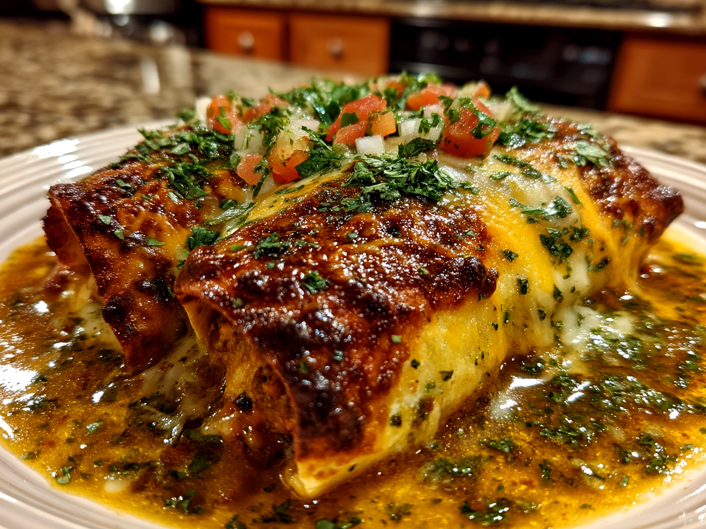 Close-up of finished Loaded Wet Burritos with Spicy Verde Sauce with melted cheese and fresh cilantro garnish