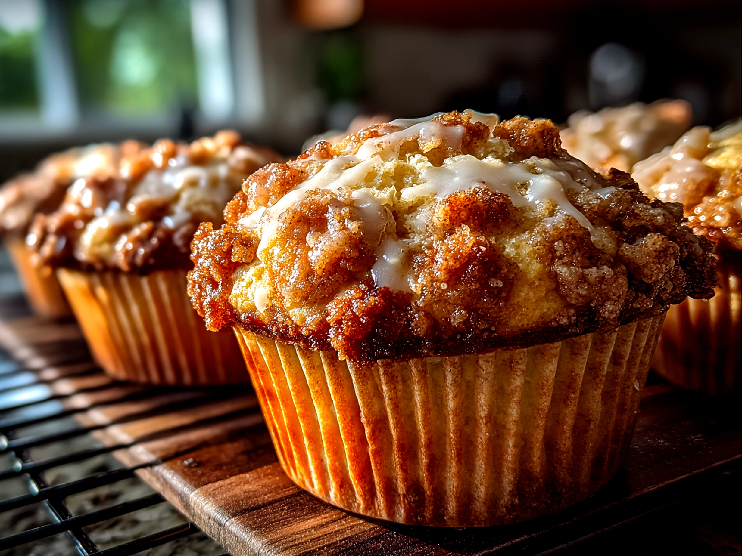 Close-up of freshly baked sourdough discard coffee cake muffins with crumb topping