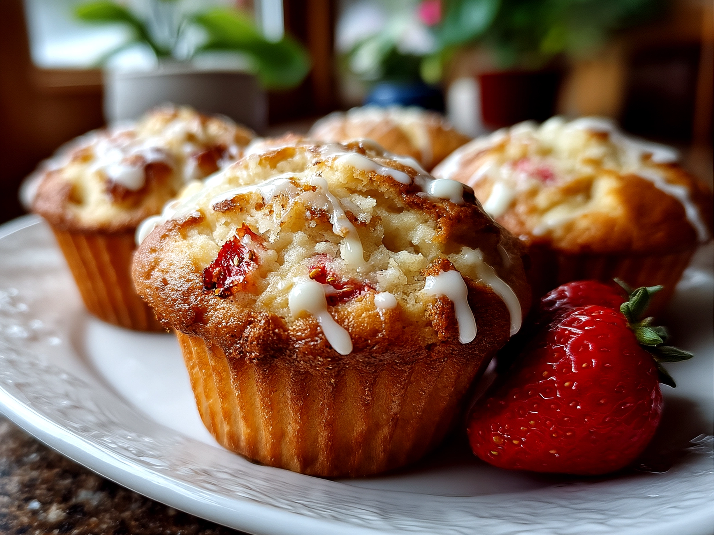 Close-up of freshly baked Strawberry White Chocolate Muffins on a plate