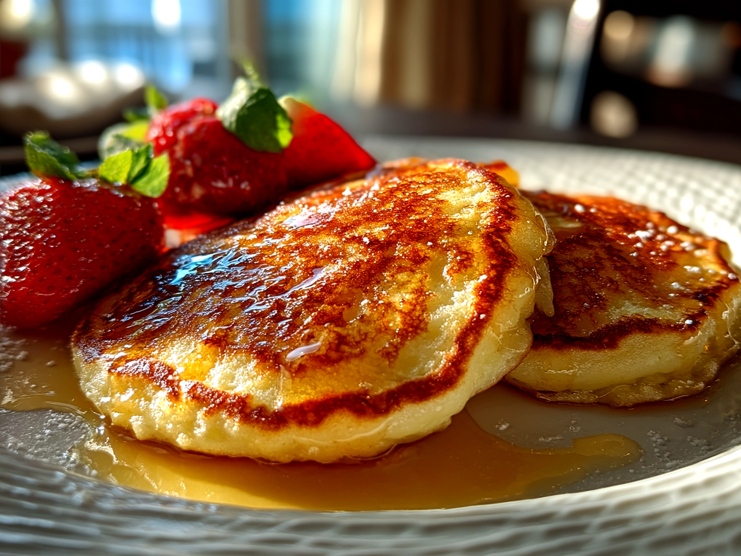 Stack of fluffy pancakes served with butter and syrup