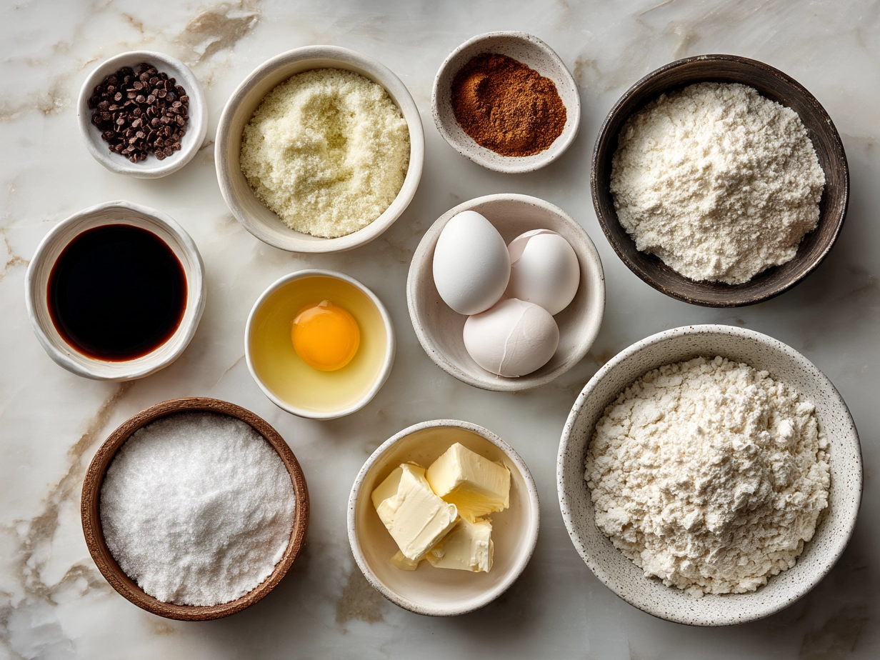Ingredients for fluffy pancakes including flour, buttermilk, egg, and baking powder