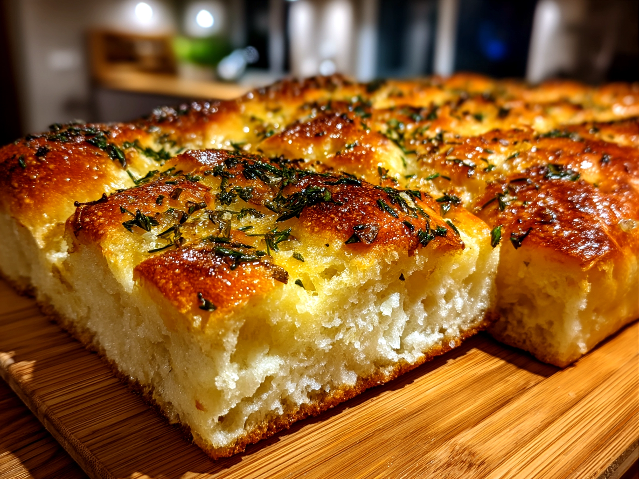 Freshly baked golden Focaccia Decorative Loaf with rosemary and cherry tomato toppings on a wooden board