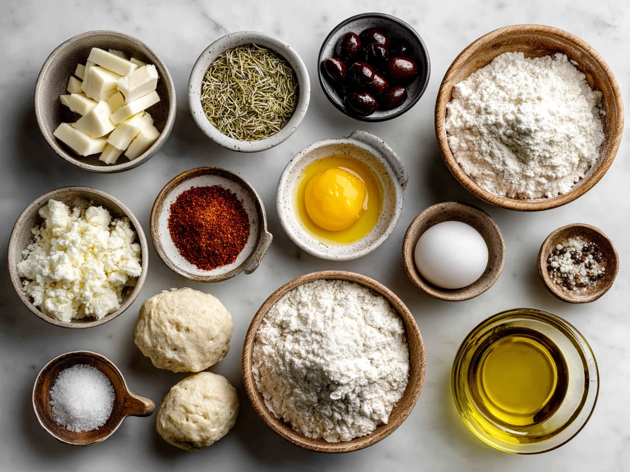 Ingredients for Focaccia Decorative Loaf including bread flour, yeast, olive oil, fresh herbs, and toppings