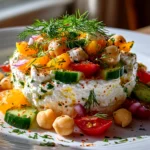 Fresh homemade Cottage Cheese and Chickpea Salad close-up