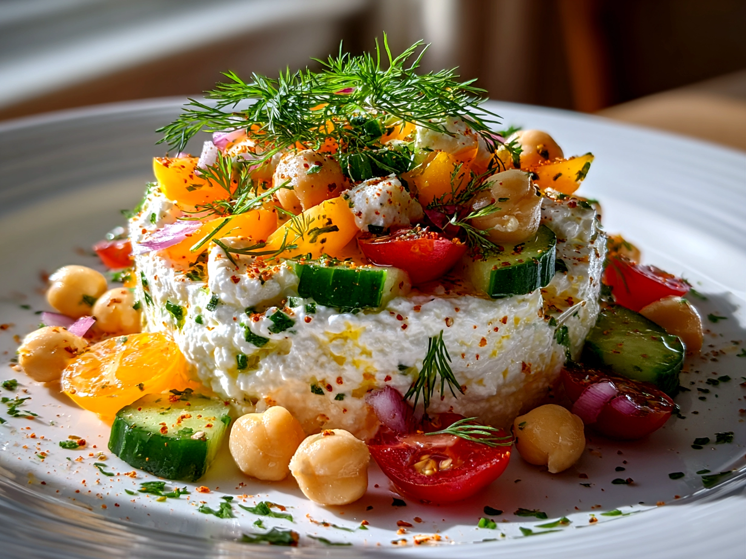 Fresh homemade Cottage Cheese and Chickpea Salad close-up
