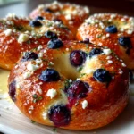 Freshly baked blueberry bagels on white plate