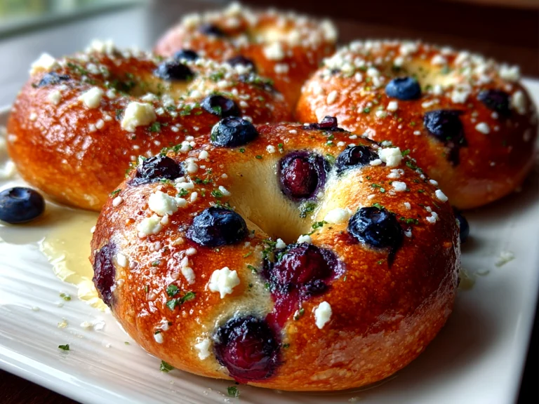 Freshly baked blueberry bagels on white plate