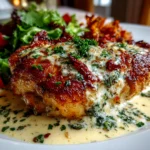 Freshly prepared baked Caesar chicken with creamy parmesan sauce