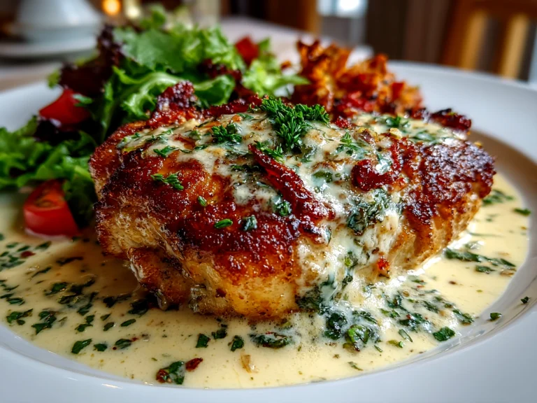 Freshly prepared baked Caesar chicken with creamy parmesan sauce