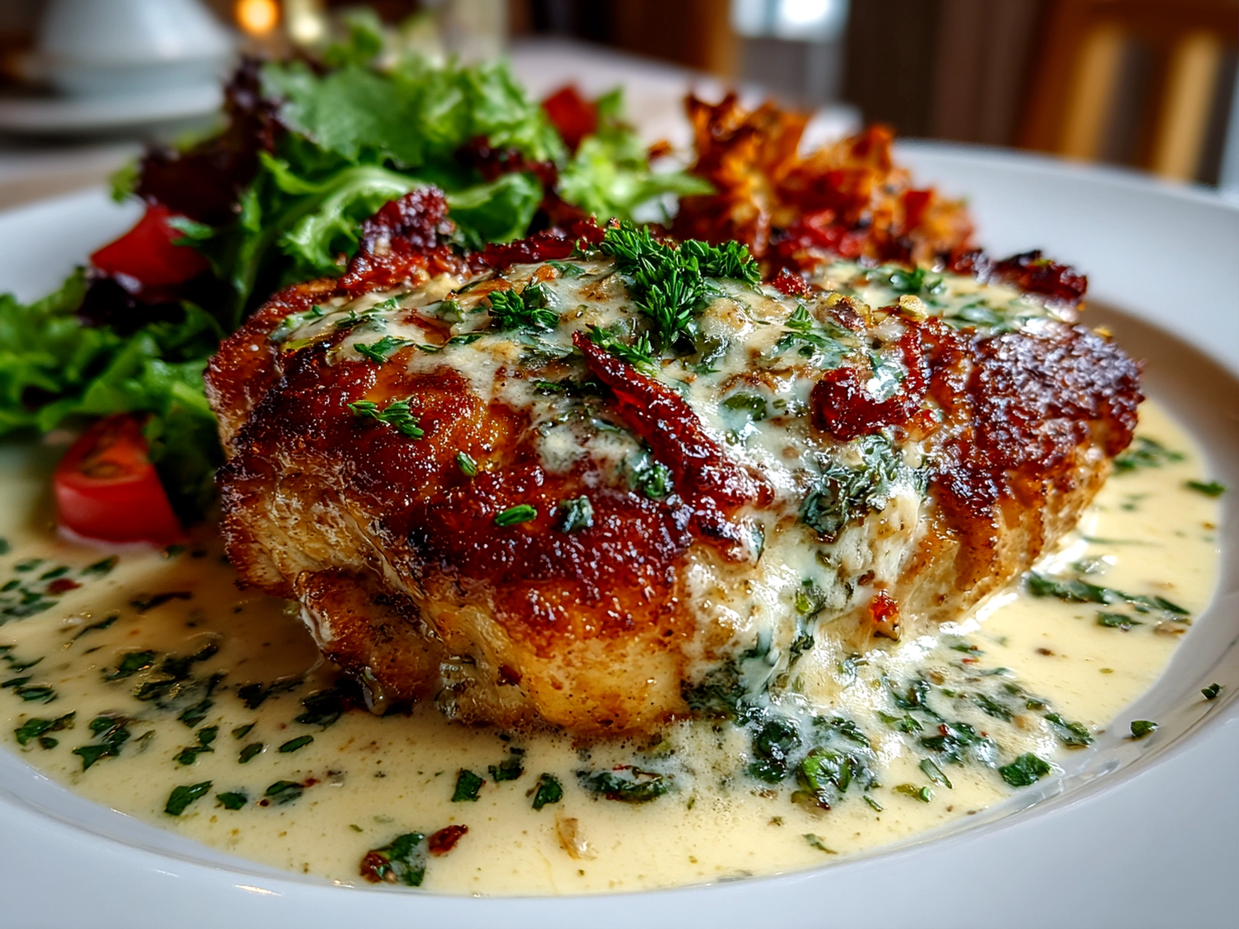 Freshly prepared baked Caesar chicken with creamy parmesan sauce